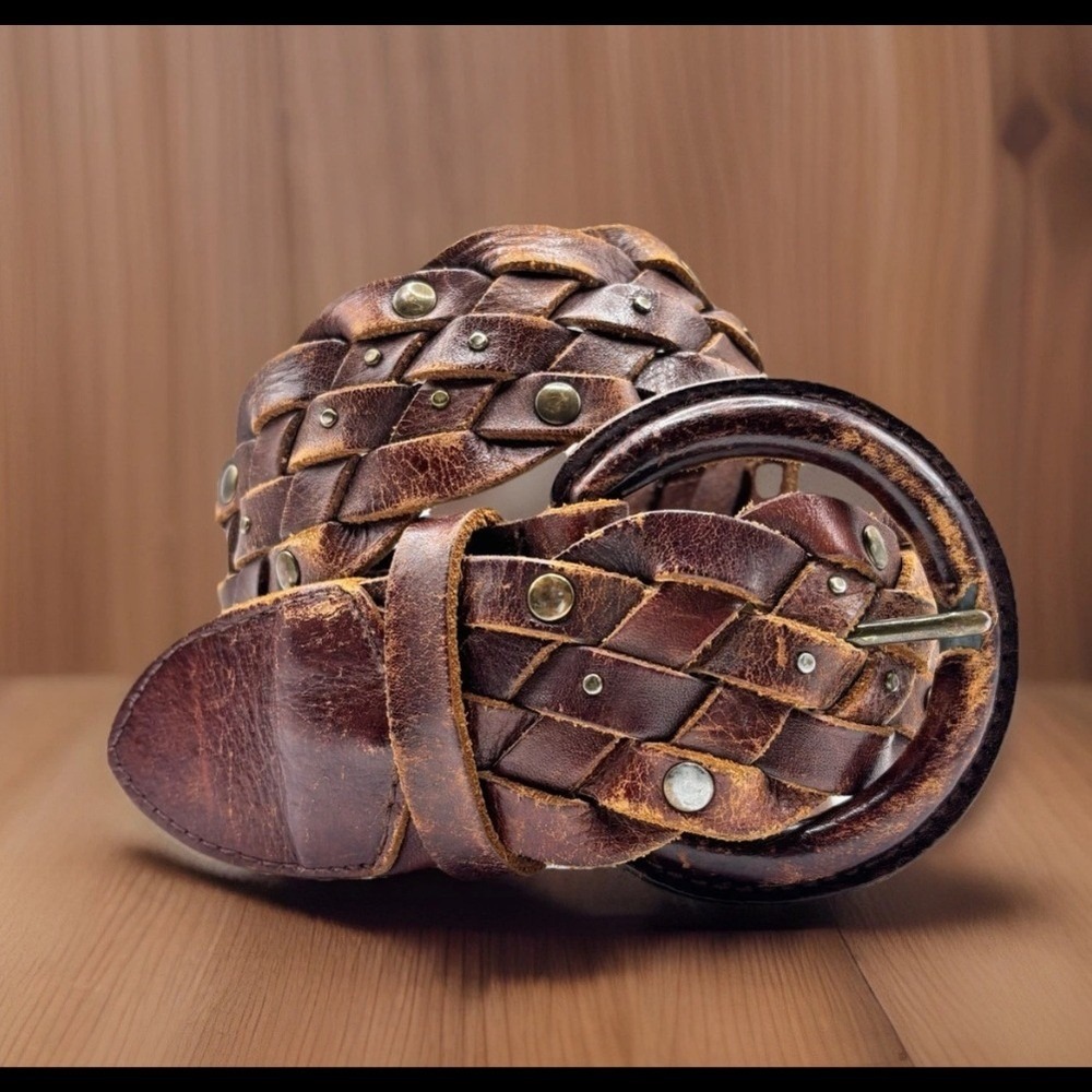Vintage Wide Braided Brown Leather Studded Belt Round Buckle Mahogany 1.75in OS
